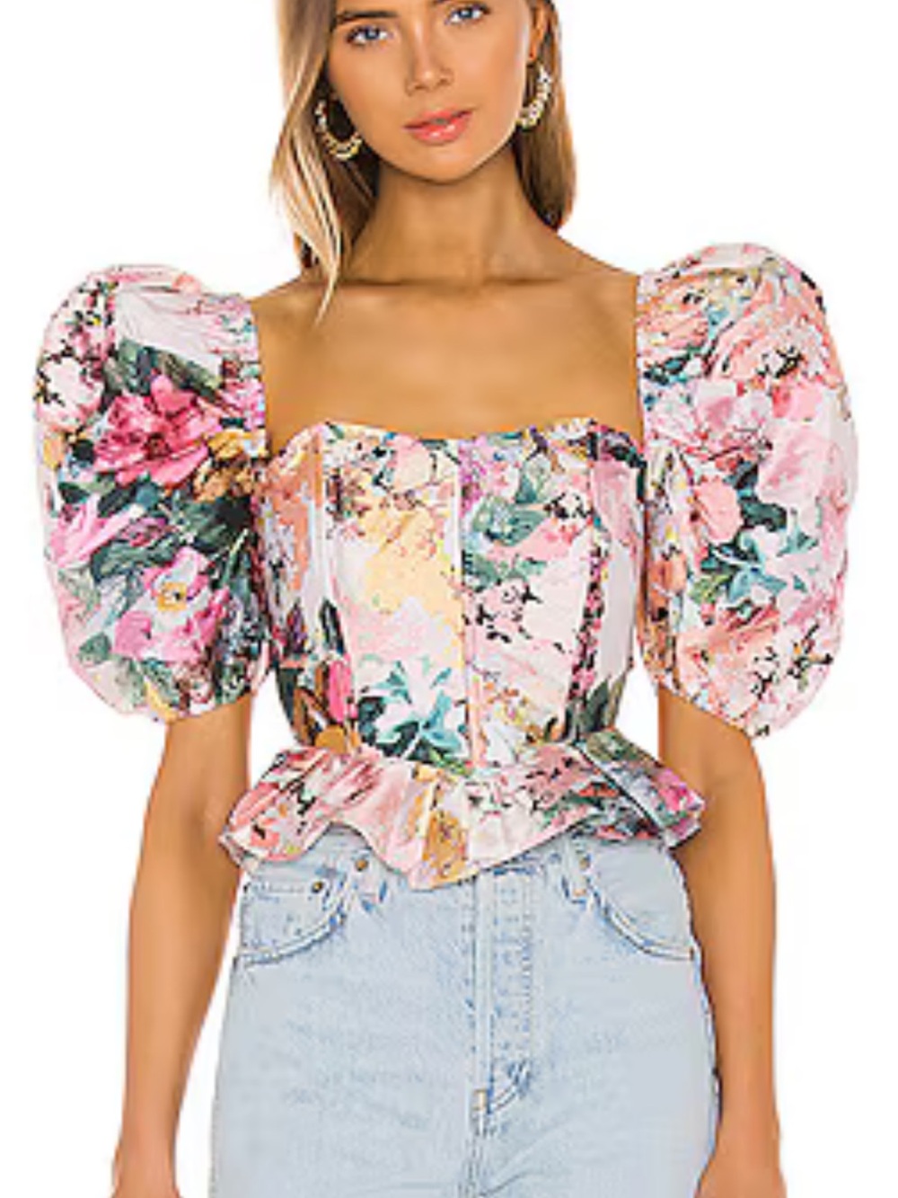 HEMANT & NANDITA Pink Floral Puff-Sleeve Corset Top
